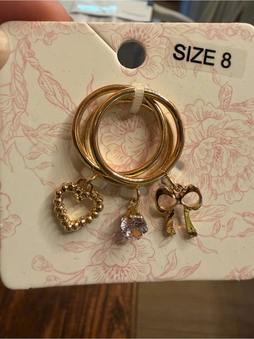 Francesca's Collections Gold Stackable Ring Set with Heart, Crystal & Bow Charms
